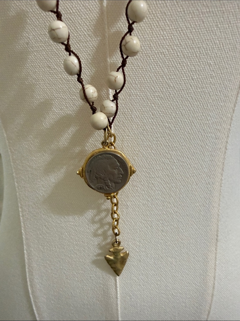 Native American Gold-Tone Coin Pendant Necklace with Cream Beads